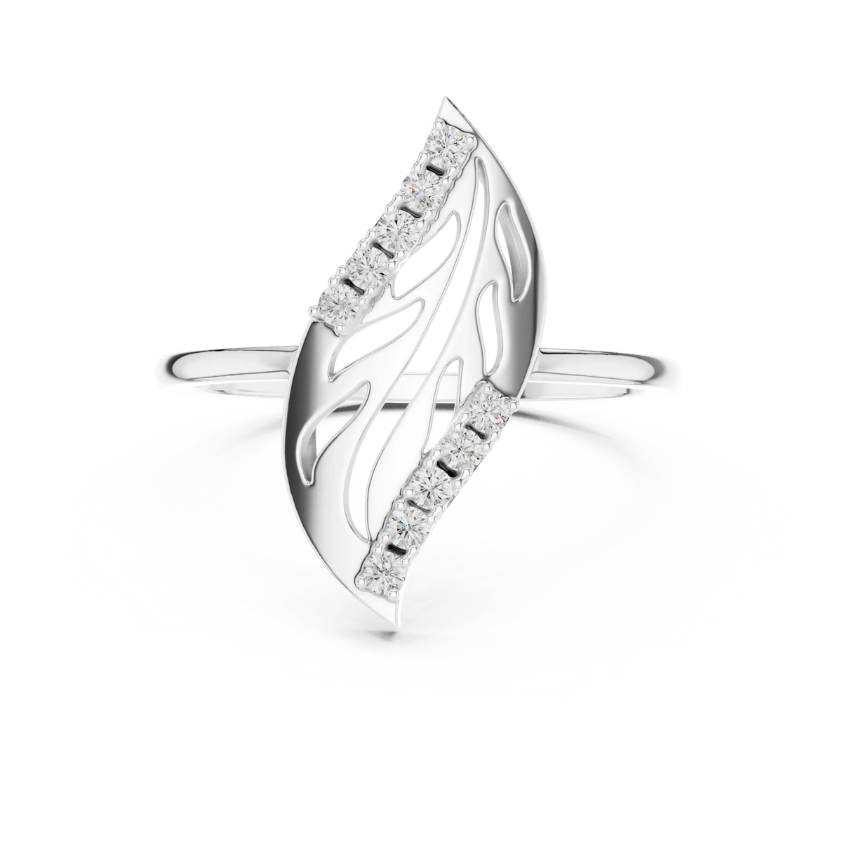 Diagonal Cutout Leaf Pavé Edge Moissanite Ring in white 925 sterling silver, view 4