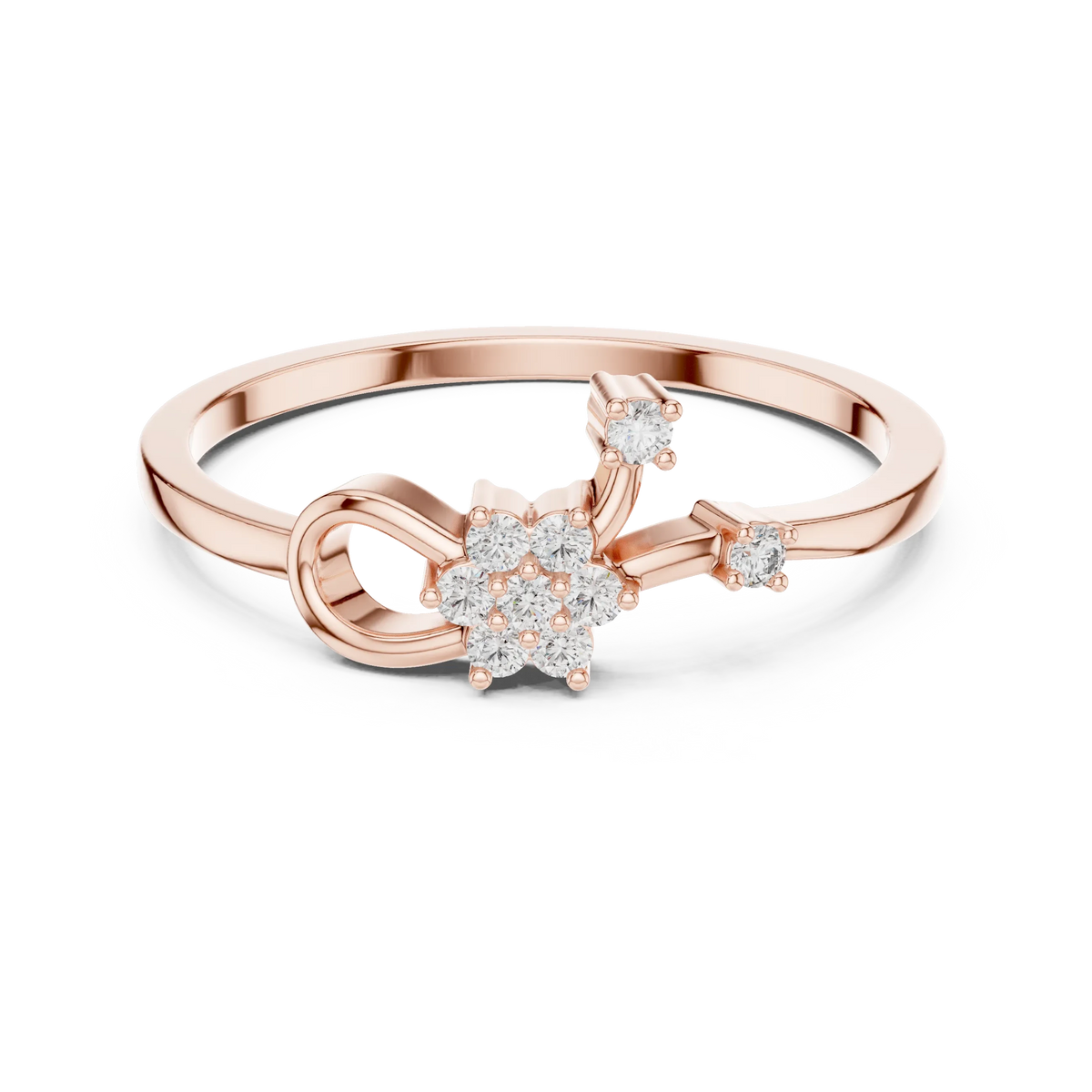 Love Knot Loop Flower Cluster Moissanite Ring in rose 925 sterling silver, view 4