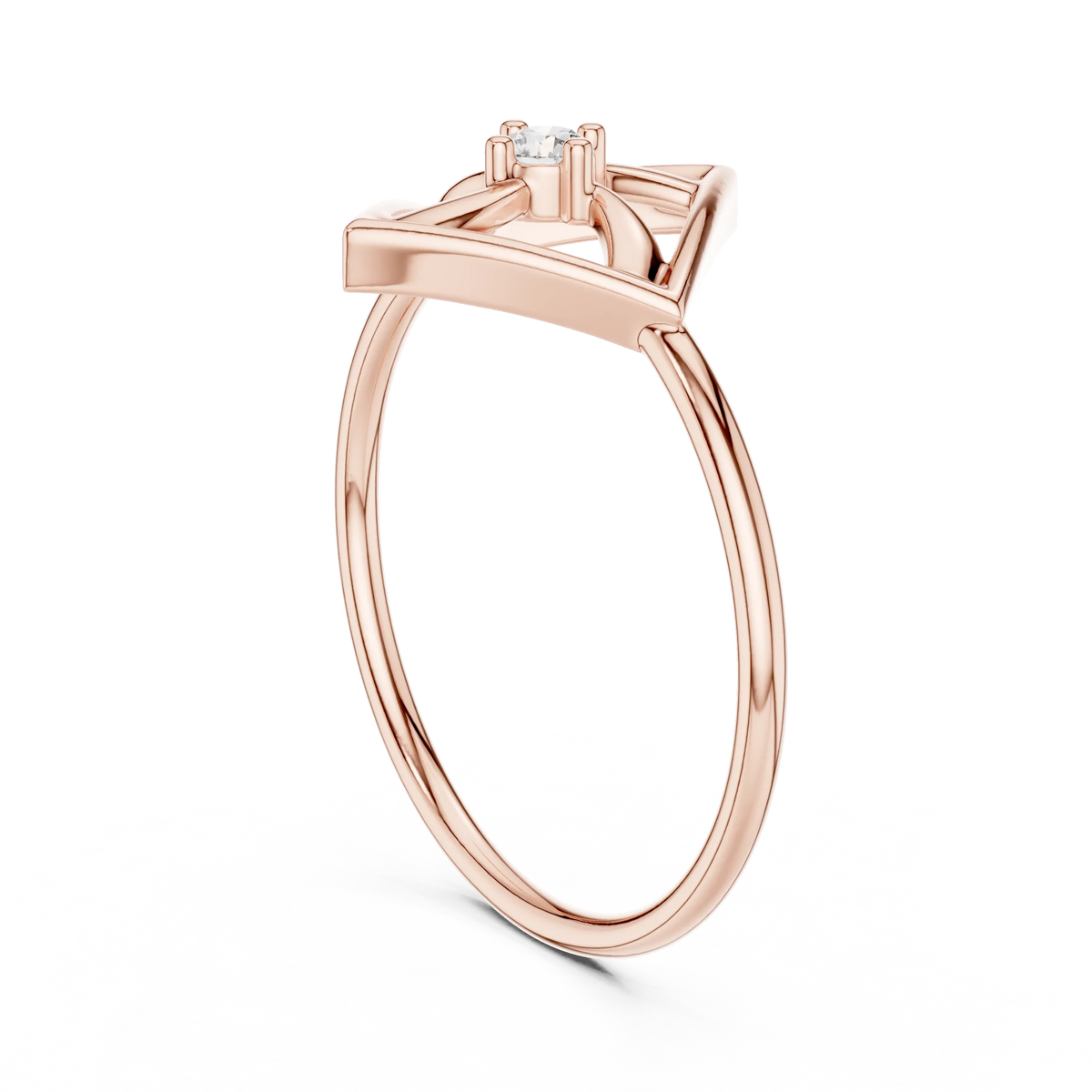 Open Square Pinwheel Solitaire Moissanite Ring in rose 925 sterling silver, view 1