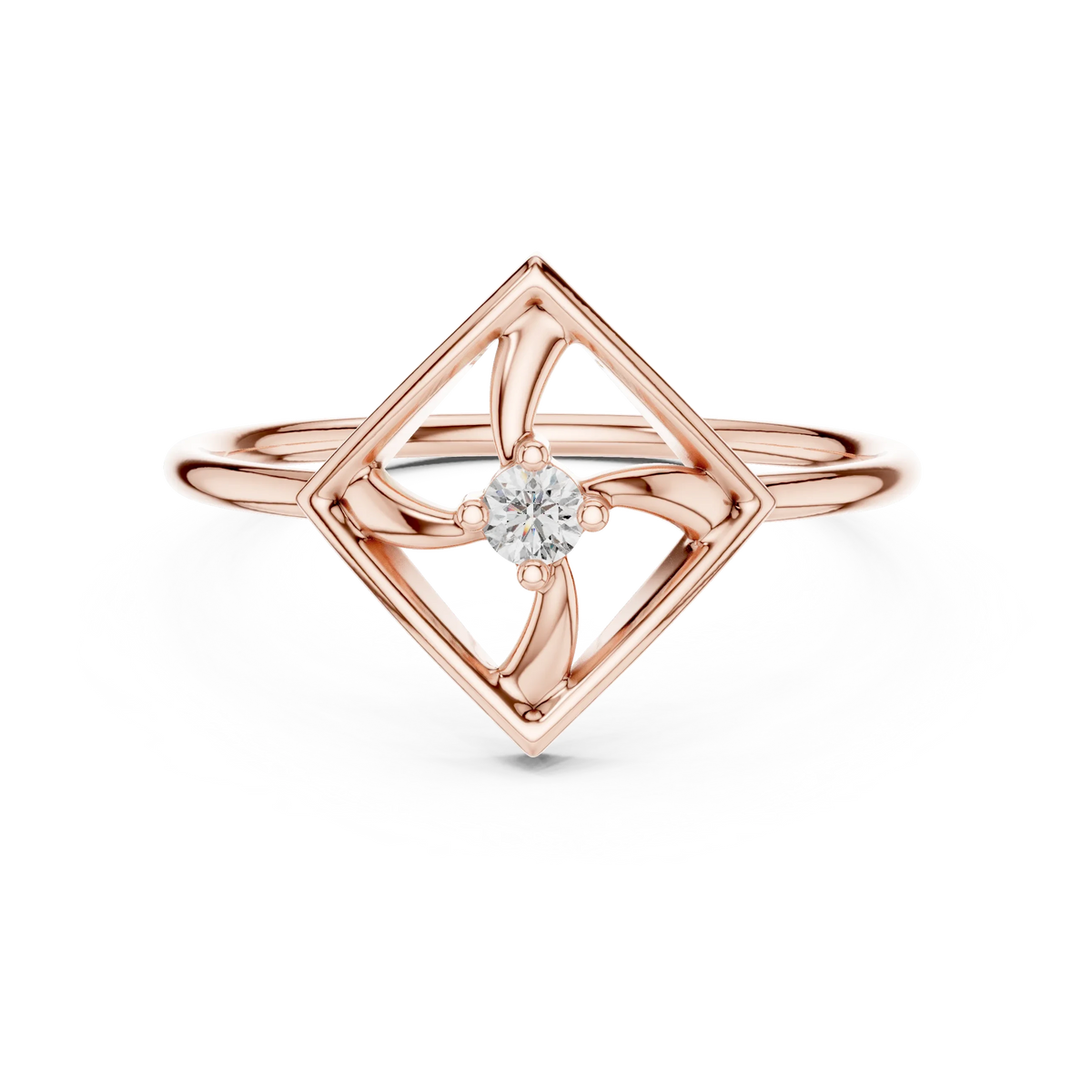 Open Square Pinwheel Solitaire Moissanite Ring in rose 925 sterling silver, view 4