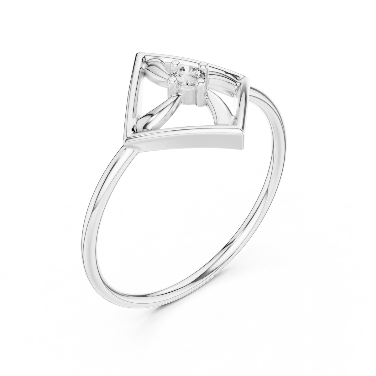 Open Square Pinwheel Solitaire Moissanite Ring in white 925 sterling silver, view 2
