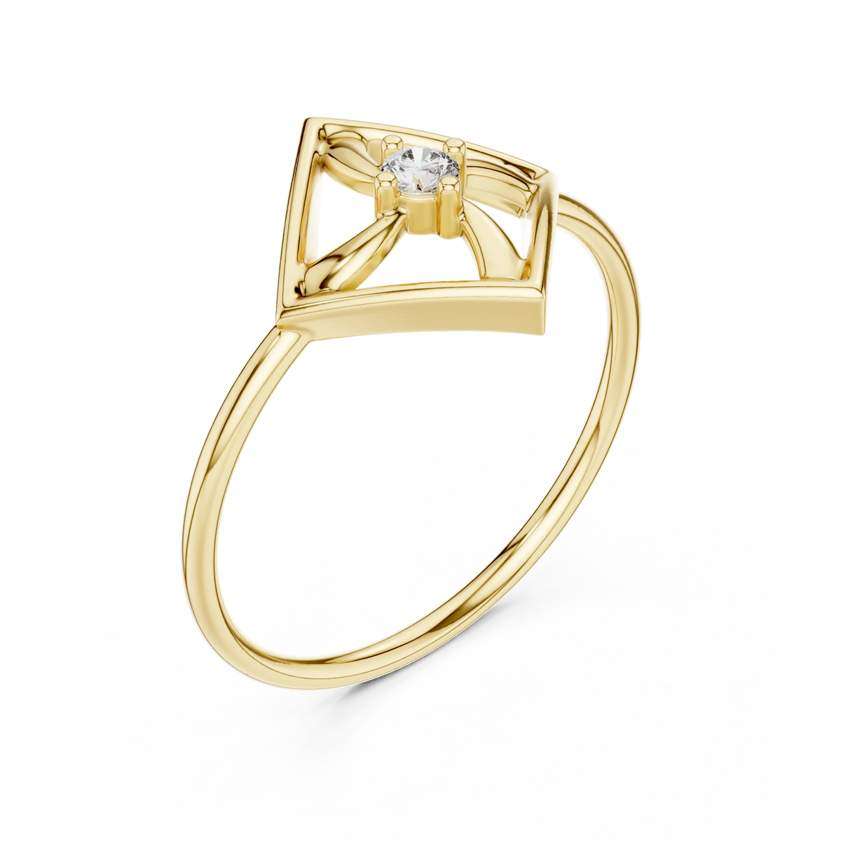 Open Square Pinwheel Solitaire Moissanite Ring in yellow 925 sterling silver, view 2