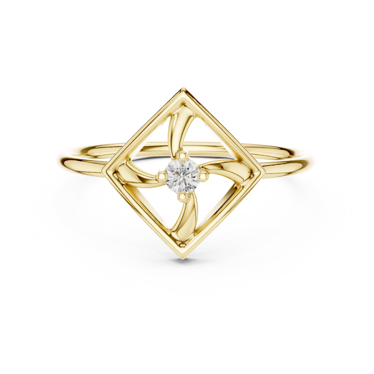 Open Square Pinwheel Solitaire Moissanite Ring in yellow 925 sterling silver, view 4