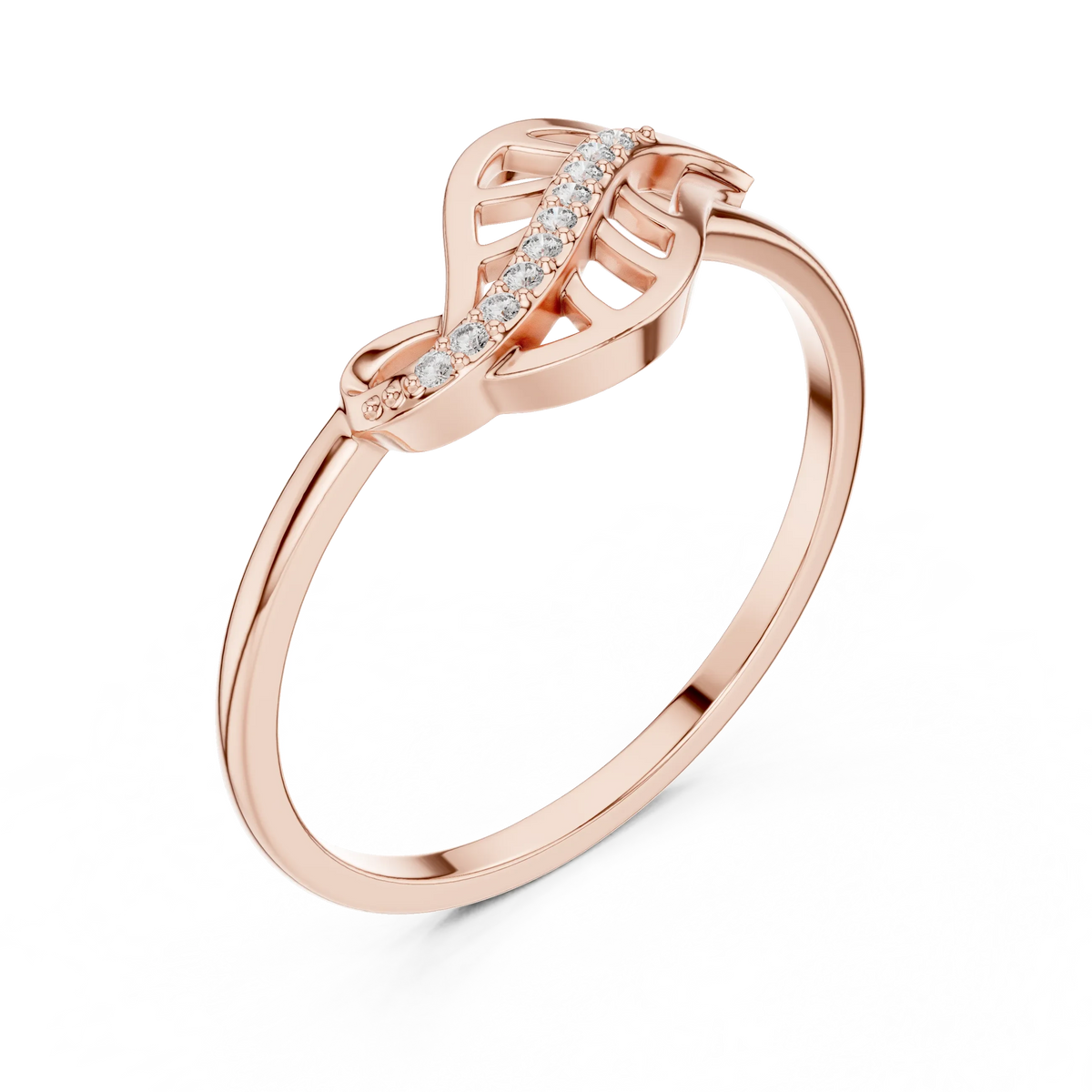Curled Openwork Leaf Pavé Vein Moissanite Ring in rose 925 sterling silver, view 2
