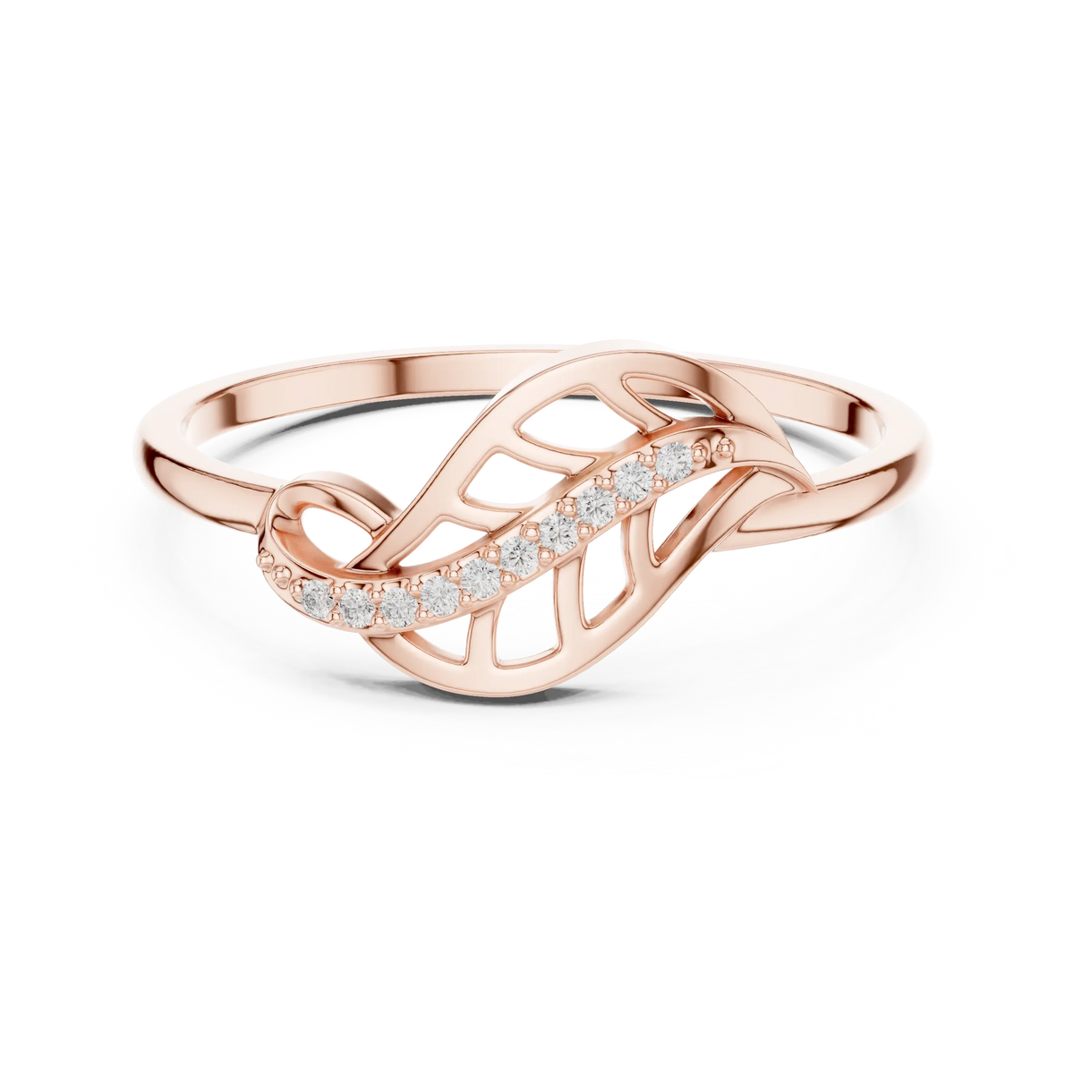 Curled Openwork Leaf Pavé Vein Moissanite Ring in rose 925 sterling silver, view 4