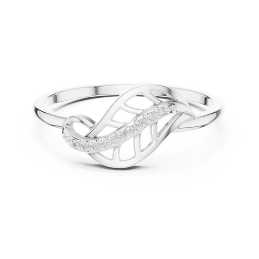 Curled Openwork Leaf Pavé Vein Moissanite Ring in white 925 sterling silver, view 4