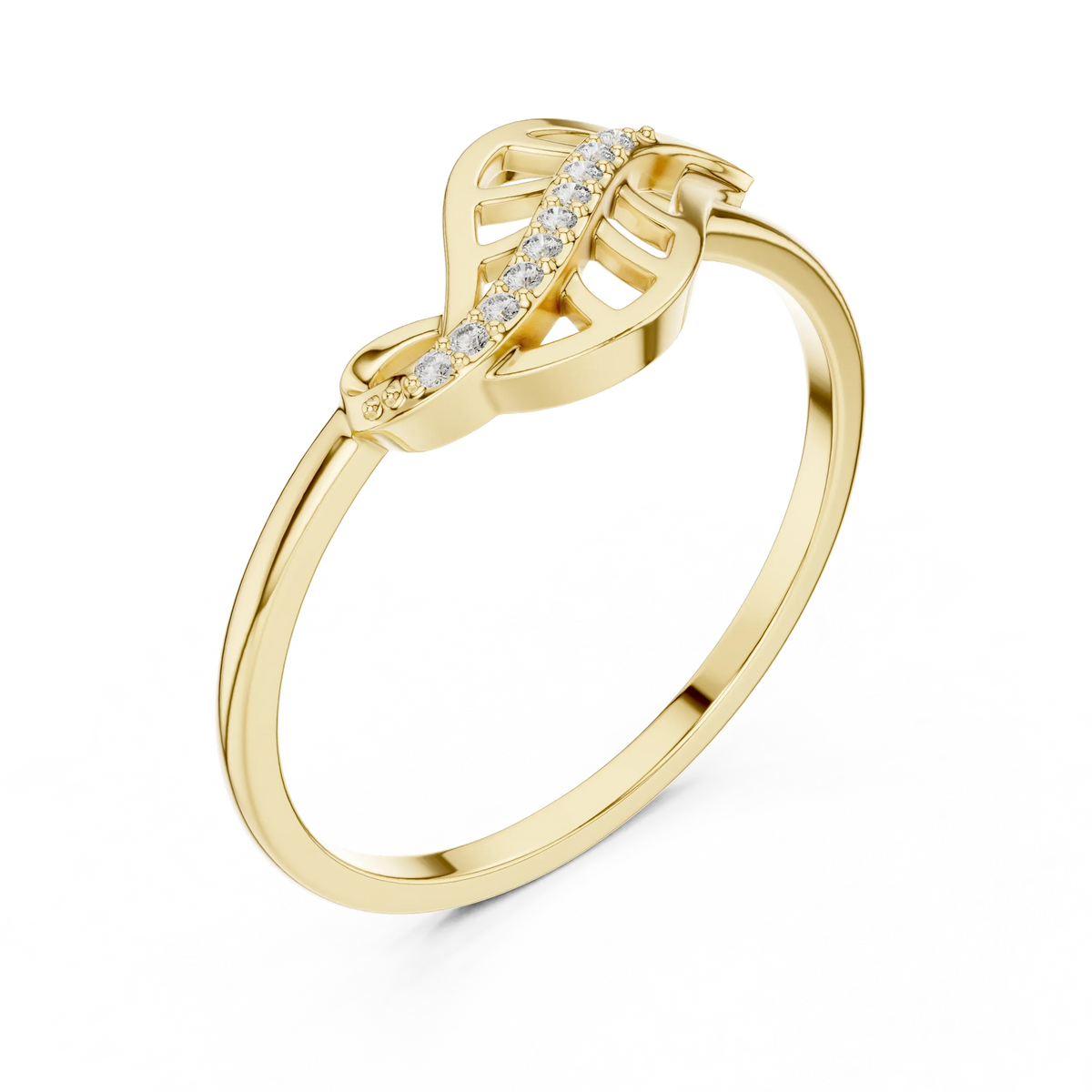 Curled Openwork Leaf Pavé Vein Moissanite Ring in yellow 925 sterling silver, view 2
