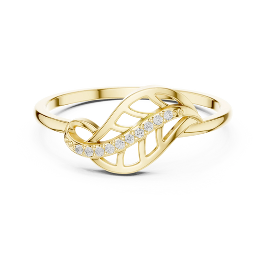 Curled Openwork Leaf Pavé Vein Moissanite Ring in yellow 925 sterling silver, view 4
