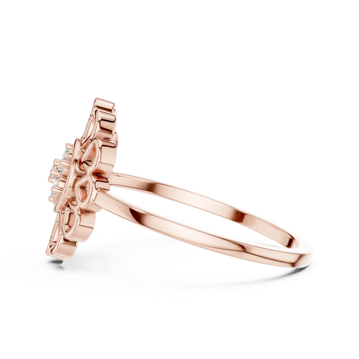 Openwork Daisy Petal Flower Cluster Moissanite Ring in rose 925 sterling silver, view 3