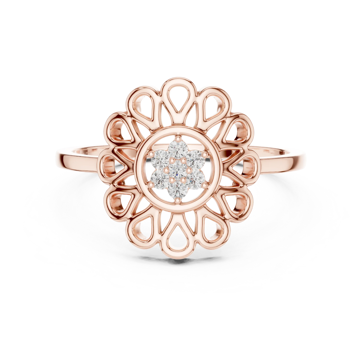 Openwork Daisy Petal Flower Cluster Moissanite Ring in rose 925 sterling silver, view 4