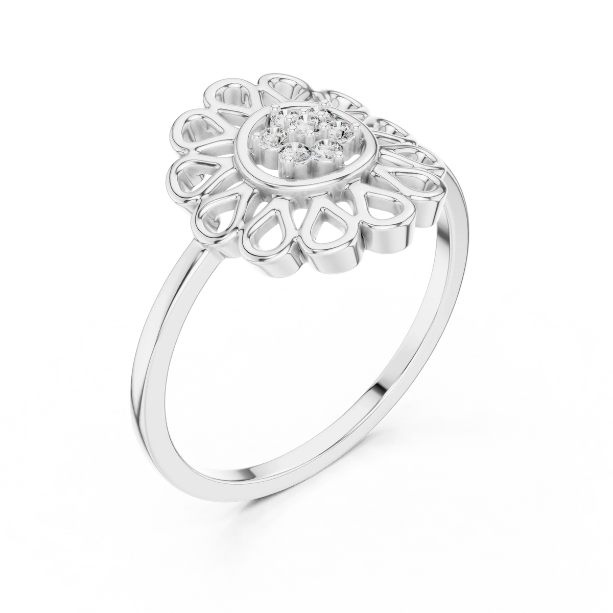 Openwork Daisy Petal Flower Cluster Moissanite Ring in white 925 sterling silver, view 2