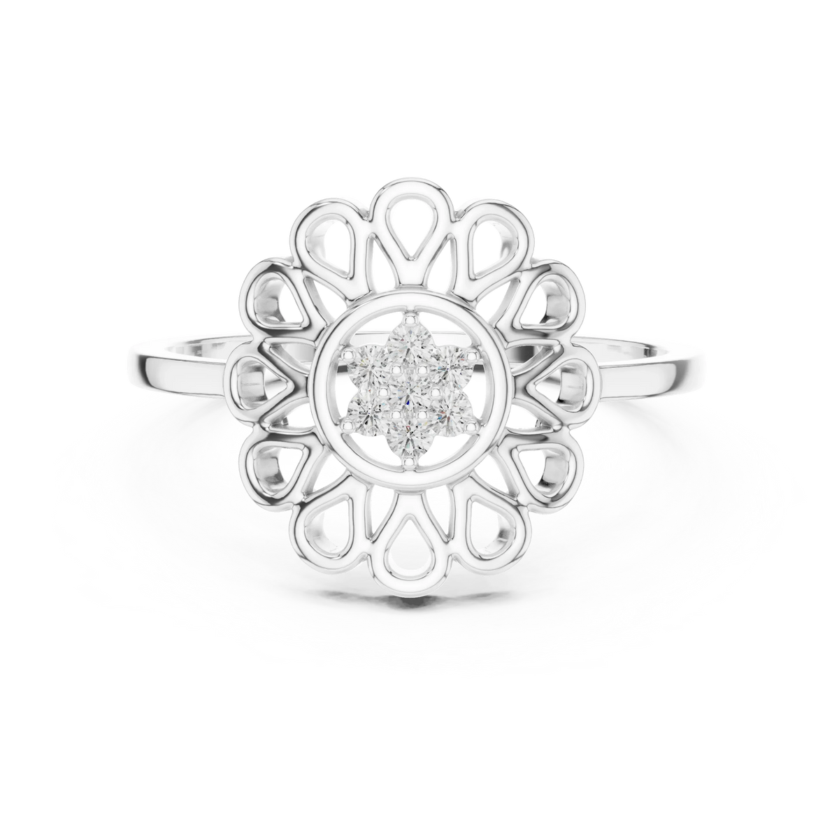 Openwork Daisy Petal Flower Cluster Moissanite Ring in white 925 sterling silver, view 4