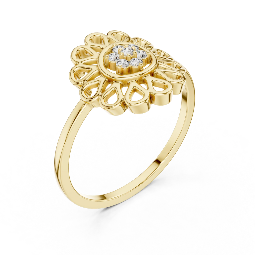 Openwork Daisy Petal Flower Cluster Moissanite Ring in yellow 925 sterling silver, view 2