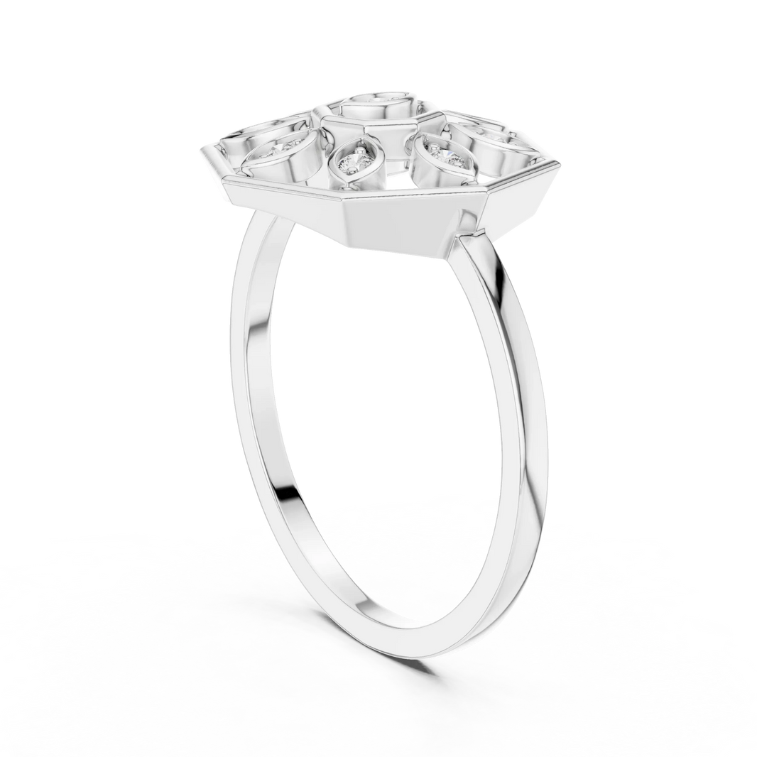 Octagon Marquise Petal Mandala Moissanite Ring in white 925 sterling silver, view 1
