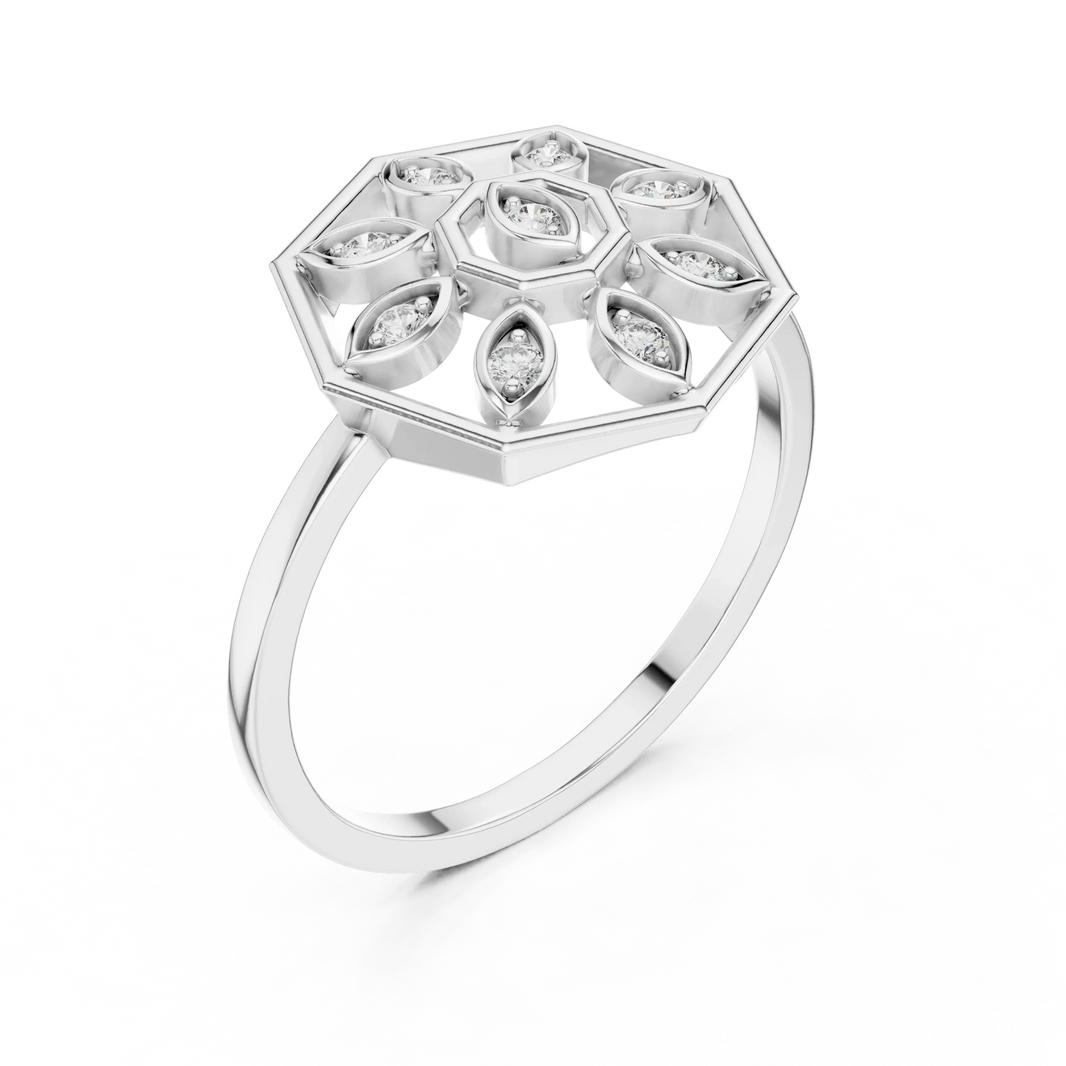 Octagon Marquise Petal Mandala Moissanite Ring in white 925 sterling silver, view 2