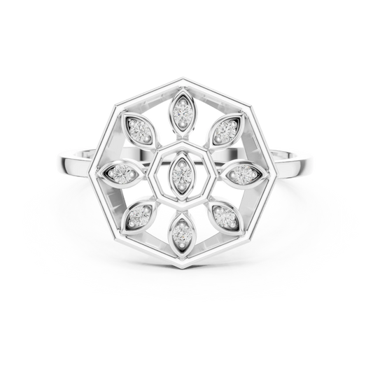 Octagon Marquise Petal Mandala Moissanite Ring in white 925 sterling silver, view 4