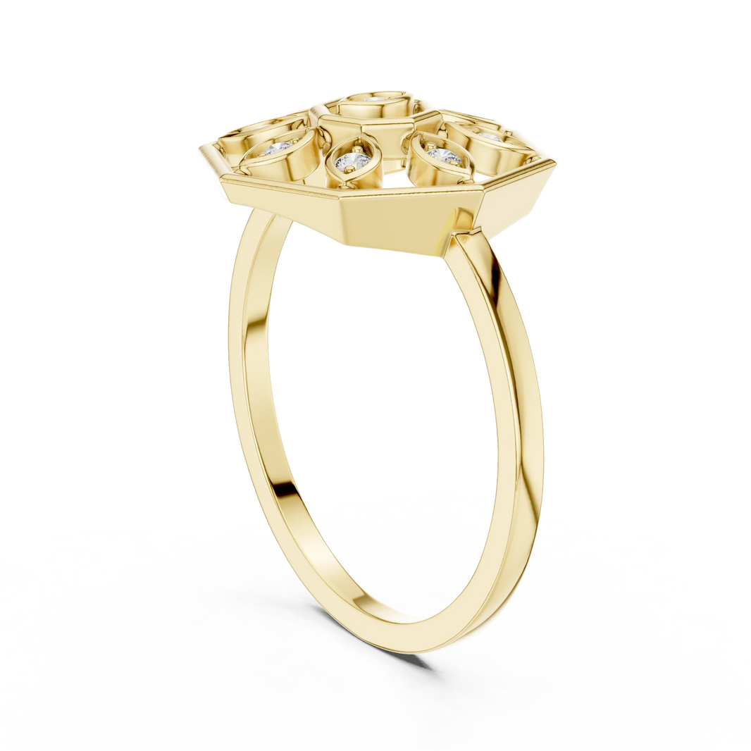 Octagon Marquise Petal Mandala Moissanite Ring in yellow 925 sterling silver, view 1