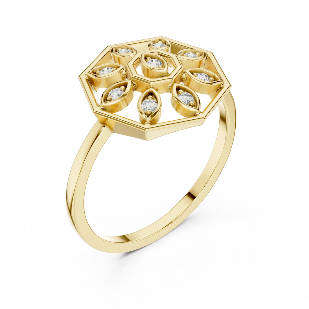 Octagon Marquise Petal Mandala Moissanite Ring in yellow 925 sterling silver, view 2