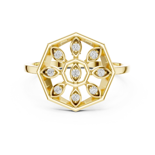 Octagon Marquise Petal Mandala Moissanite Ring in yellow 925 sterling silver, view 4