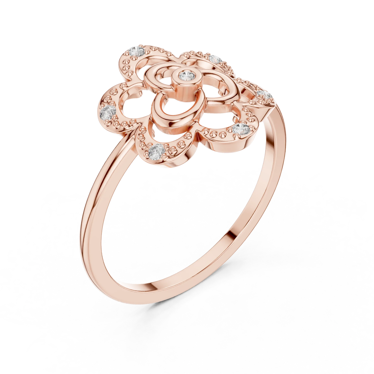 Milgrain Openwork Flower Trefoil Moissanite Ring in rose 925 sterling silver, view 2