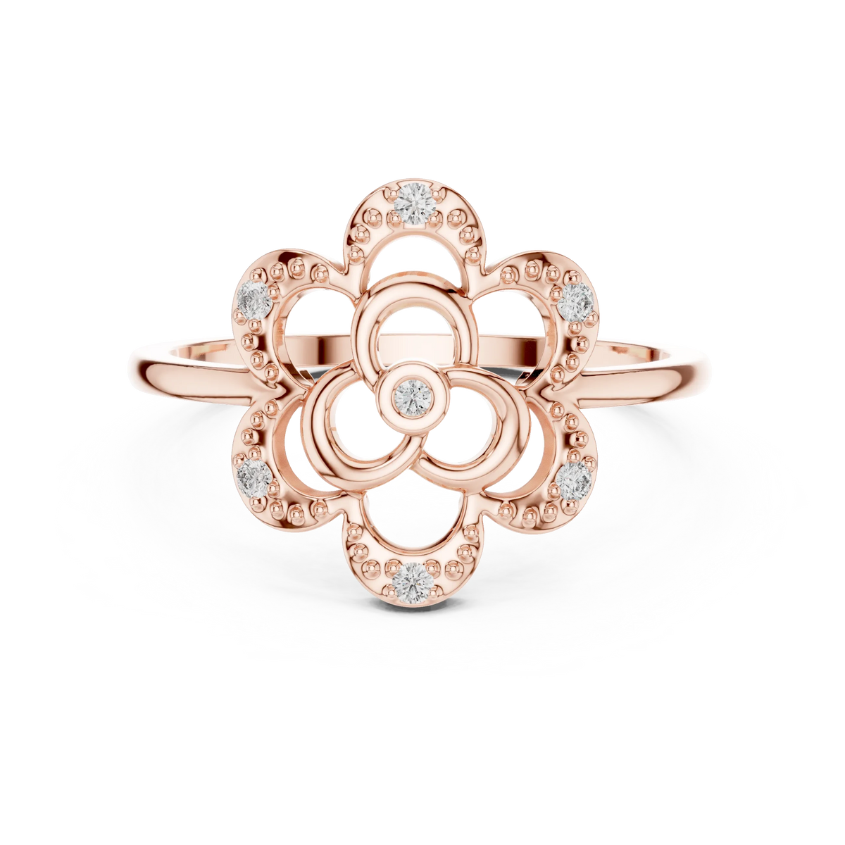 Milgrain Openwork Flower Trefoil Moissanite Ring in rose 925 sterling silver, view 4