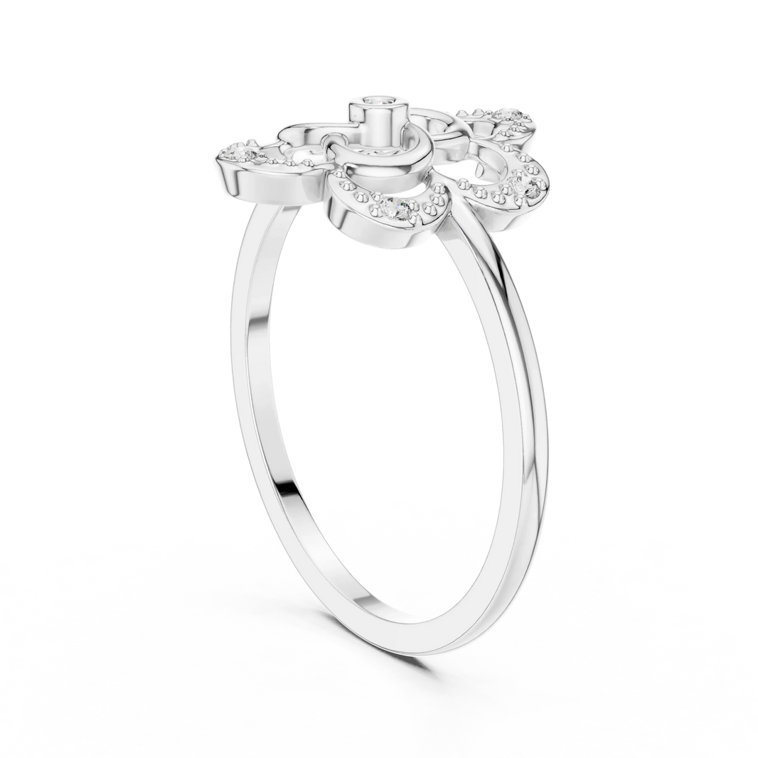 Milgrain Openwork Flower Trefoil Moissanite Ring in white 925 sterling silver, view 1