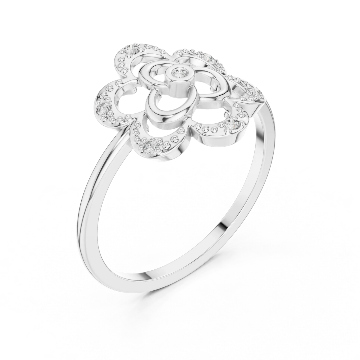 Milgrain Openwork Flower Trefoil Moissanite Ring in white 925 sterling silver, view 2