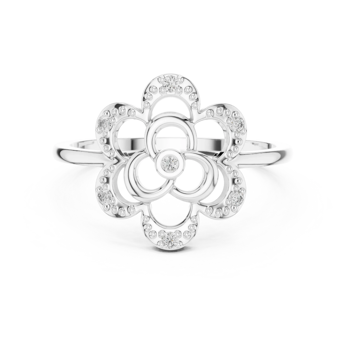 Milgrain Openwork Flower Trefoil Moissanite Ring in white 925 sterling silver, view 4