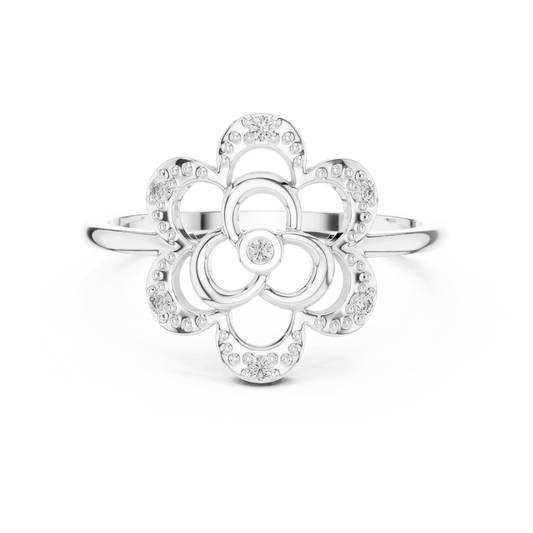 Milgrain Openwork Flower Trefoil Moissanite Ring in white 925 sterling silver, view 4