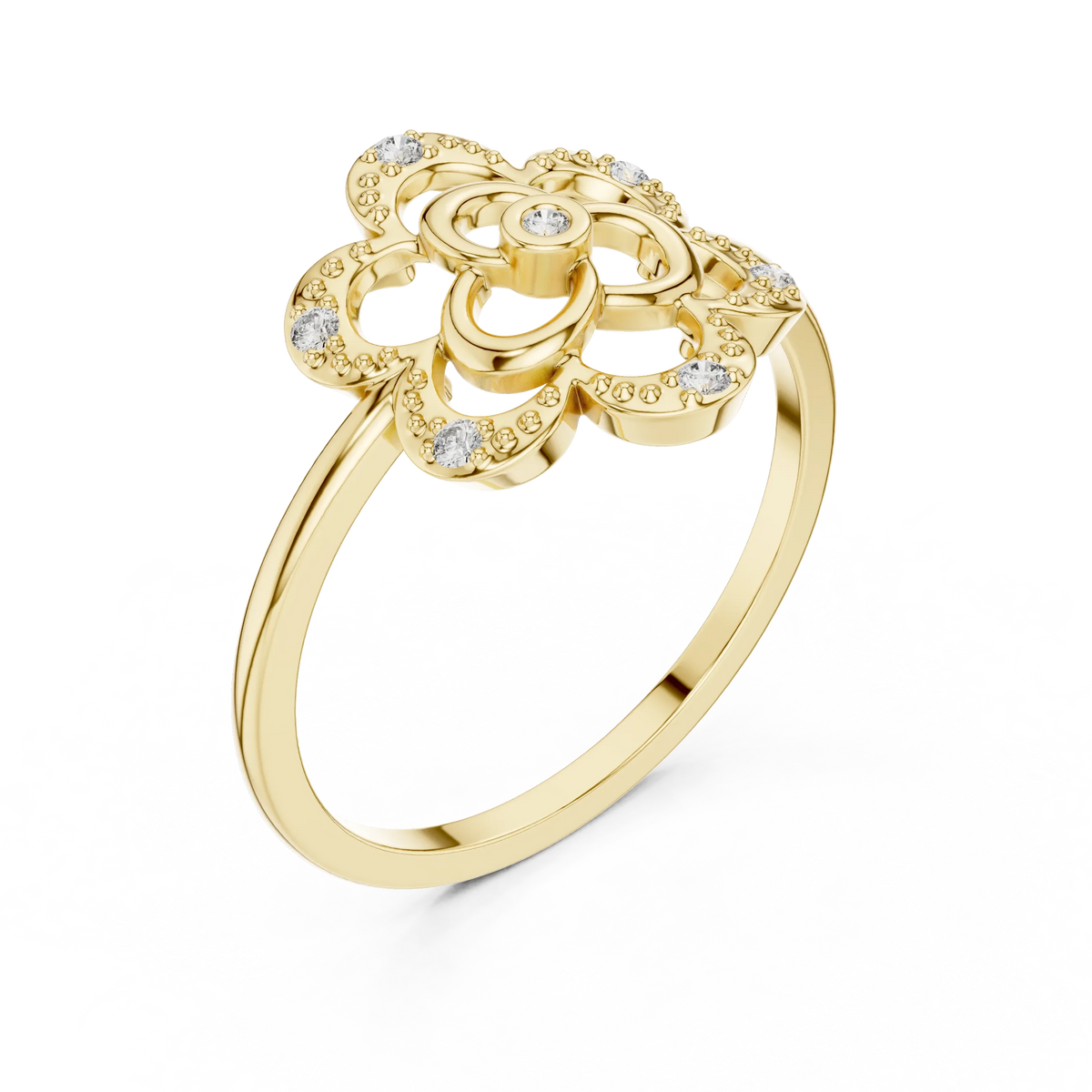 Milgrain Openwork Flower Trefoil Moissanite Ring in yellow 925 sterling silver, view 2