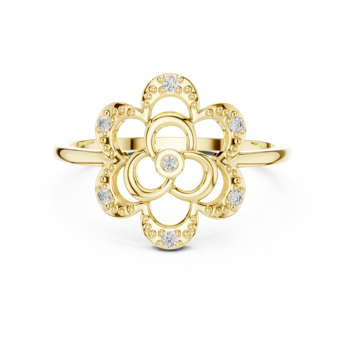 Milgrain Openwork Flower Trefoil Moissanite Ring in yellow 925 sterling silver, view 4