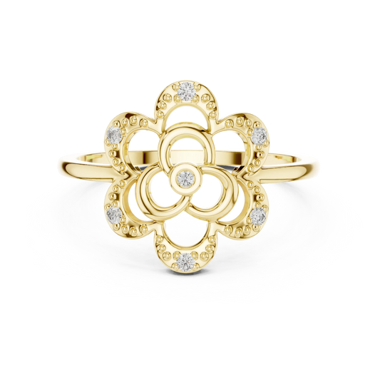 Milgrain Openwork Flower Trefoil Moissanite Ring in yellow 925 sterling silver, view 4