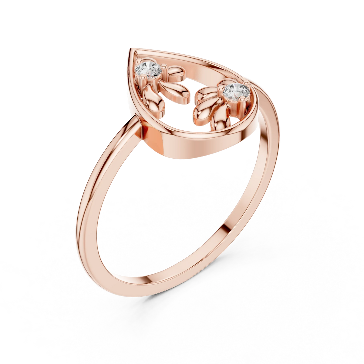 Open Pear Frame Twin Daisy Moissanite Ring in rose 925 sterling silver, view 2