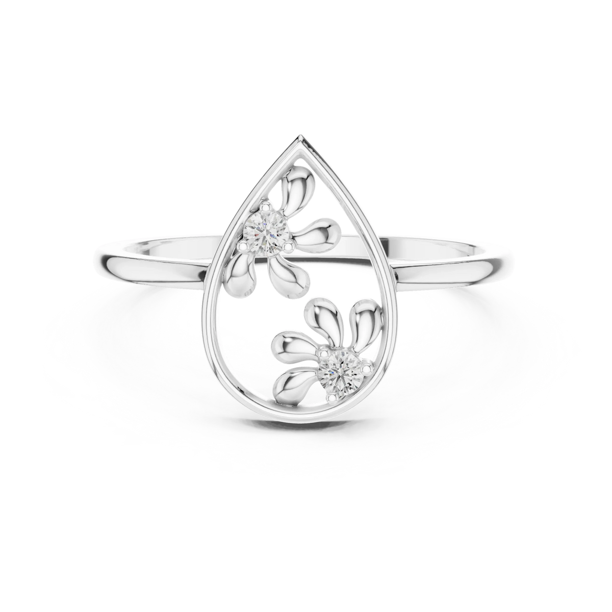 Open Pear Frame Twin Daisy Moissanite Ring in white 925 sterling silver, view 4