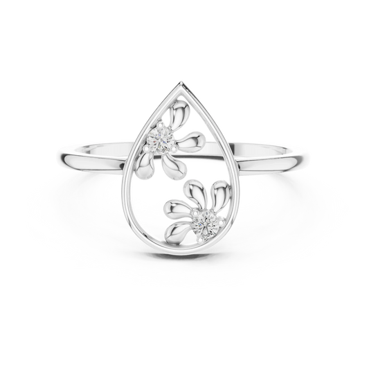Open Pear Frame Twin Daisy Moissanite Ring in white 925 sterling silver, view 4