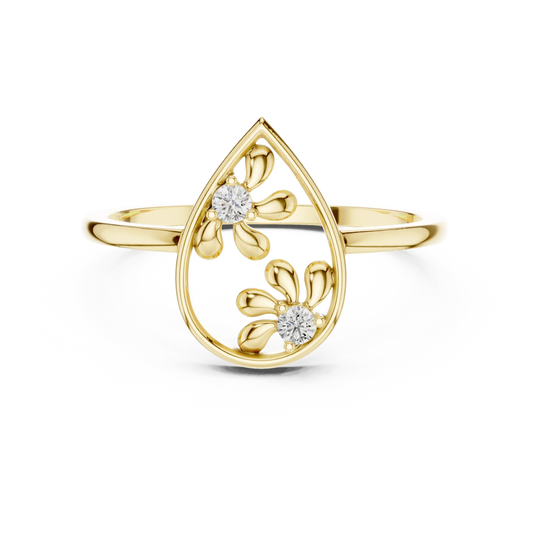 Open Pear Frame Twin Daisy Moissanite Ring in yellow 925 sterling silver, view 4