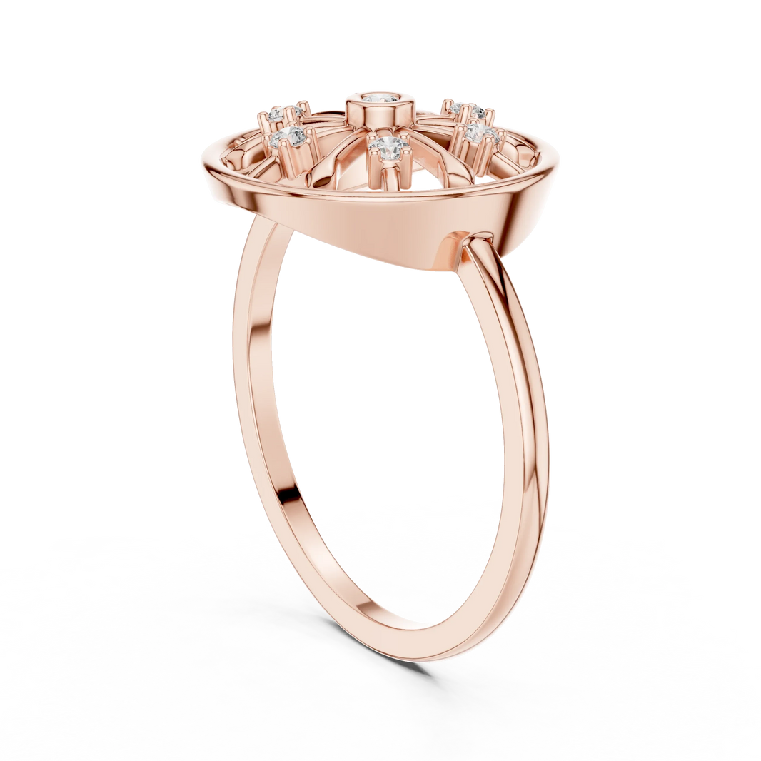 Open Wheel Spoke Bezel Centre Moissanite Ring in rose 925 sterling silver, view 1