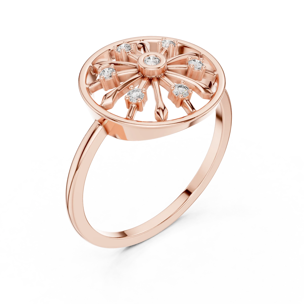 Open Wheel Spoke Bezel Centre Moissanite Ring in rose 925 sterling silver, view 2