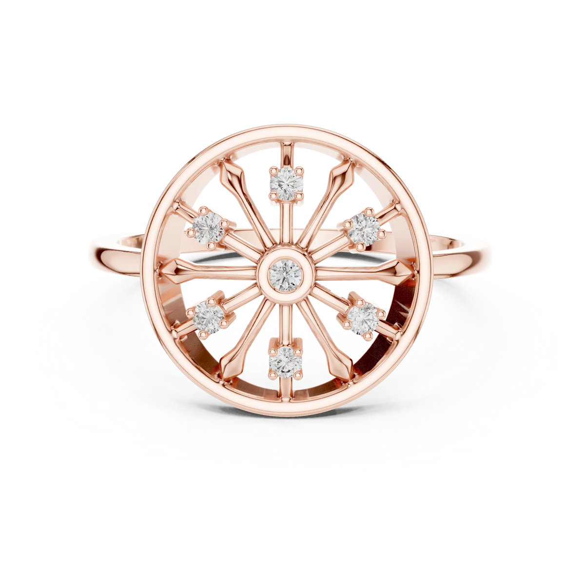 Open Wheel Spoke Bezel Centre Moissanite Ring in rose 925 sterling silver, view 4