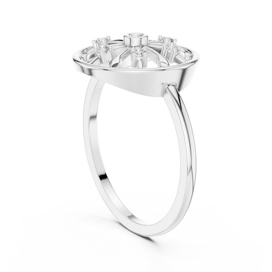 Open Wheel Spoke Bezel Centre Moissanite Ring in white 925 sterling silver, view 1