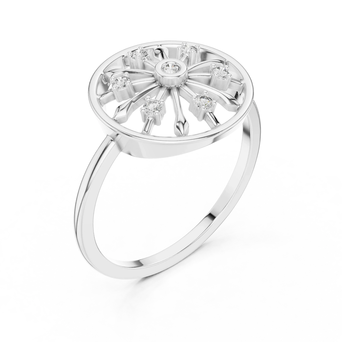 Open Wheel Spoke Bezel Centre Moissanite Ring in white 925 sterling silver, view 2