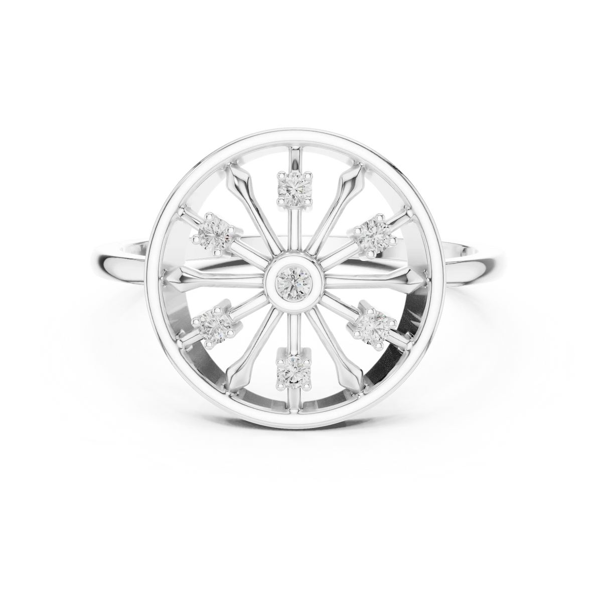 Open Wheel Spoke Bezel Centre Moissanite Ring in white 925 sterling silver, view 4