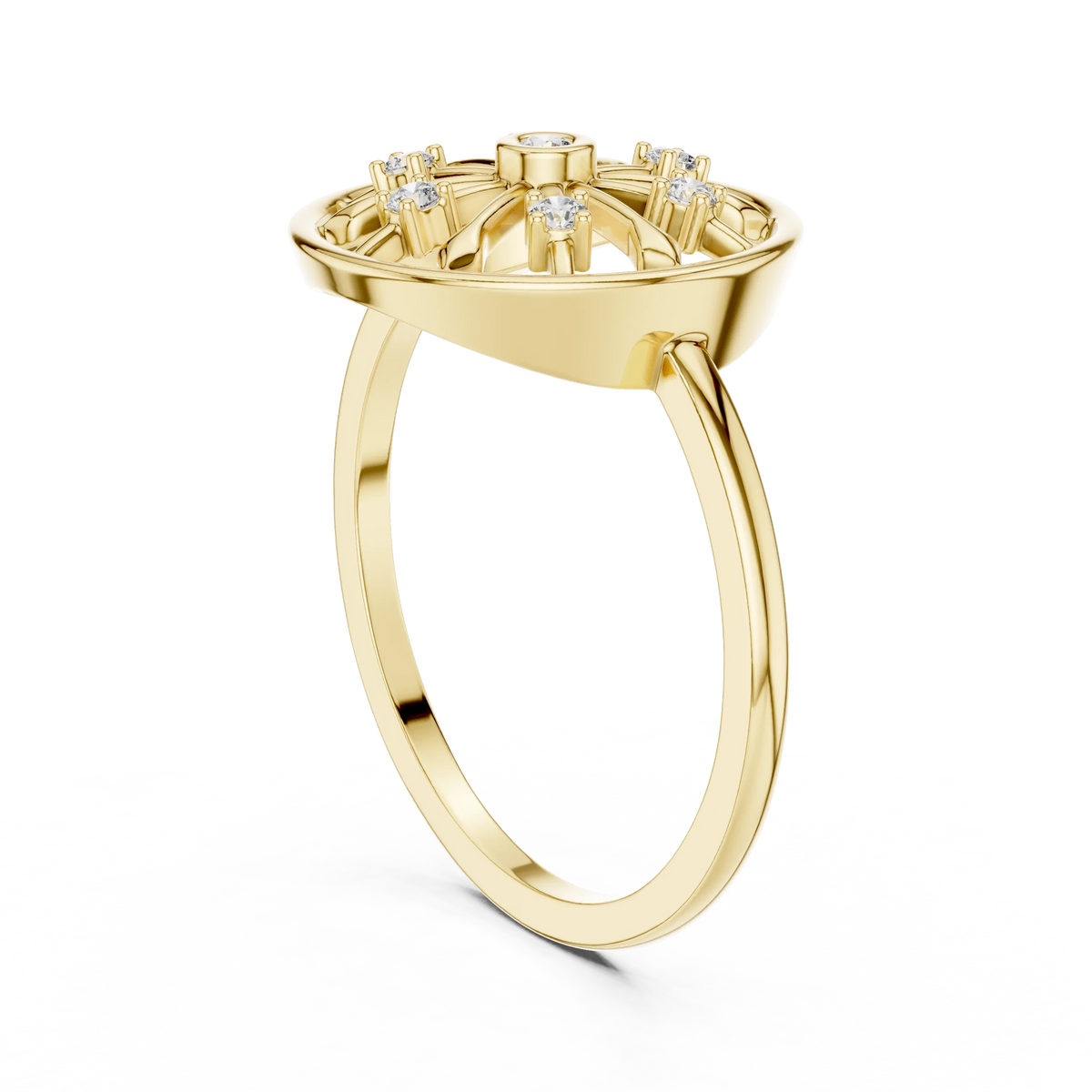 Open Wheel Spoke Bezel Centre Moissanite Ring in yellow 925 sterling silver, view 1
