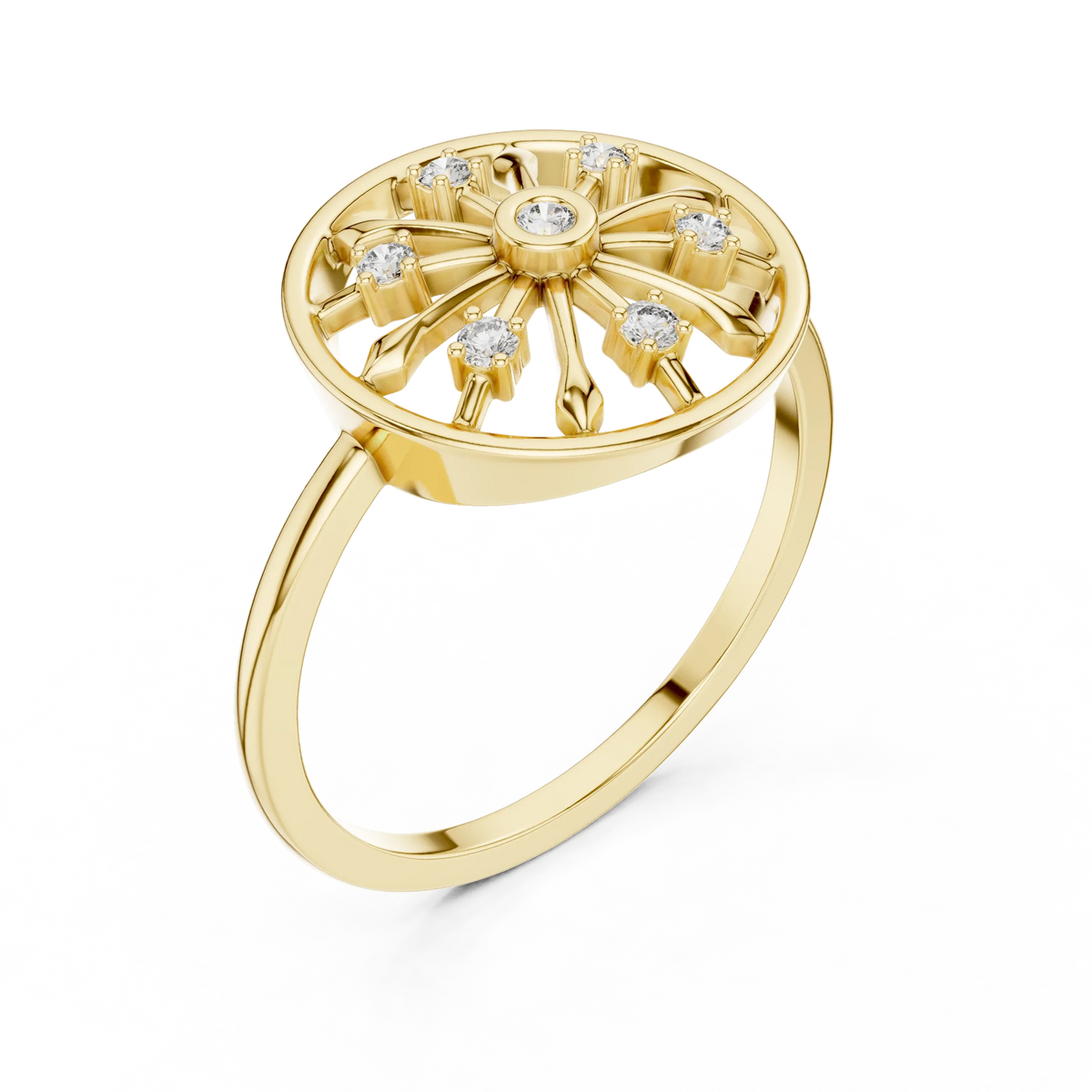 Open Wheel Spoke Bezel Centre Moissanite Ring in yellow 925 sterling silver, view 2
