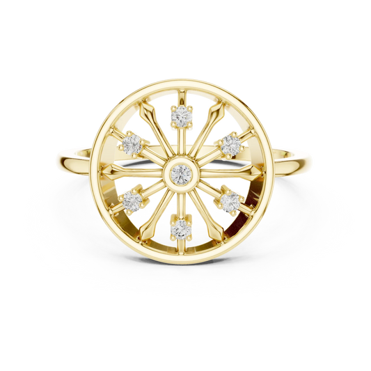 Open Wheel Spoke Bezel Centre Moissanite Ring in yellow 925 sterling silver, view 4