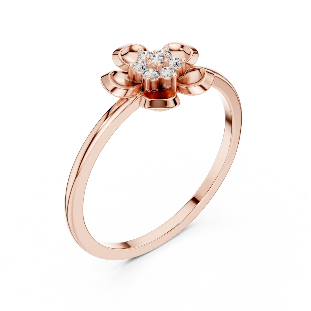 Domed Five Petal Flower Cluster Moissanite Ring in rose 925 sterling silver, view 2