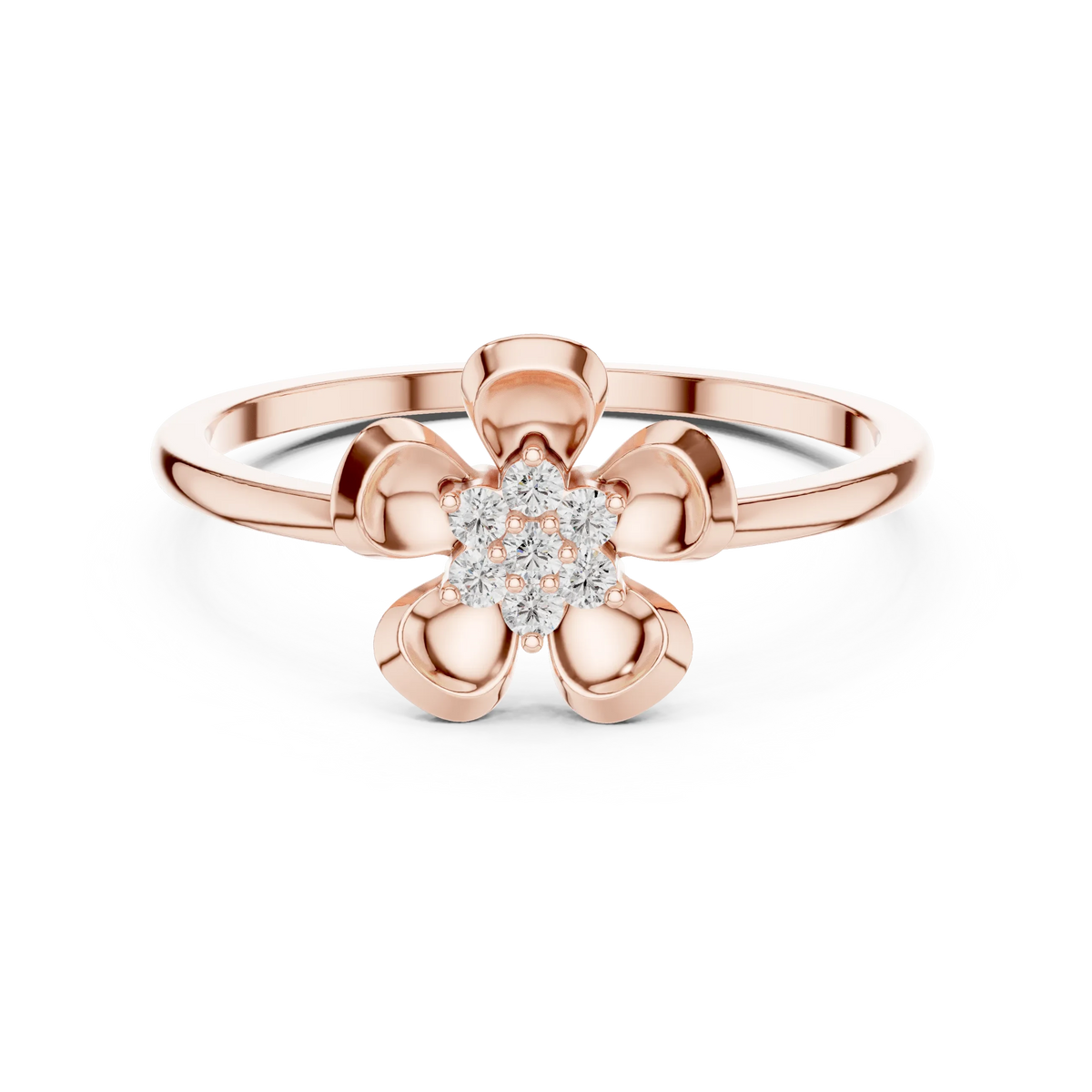 Domed Five Petal Flower Cluster Moissanite Ring in rose 925 sterling silver, view 4