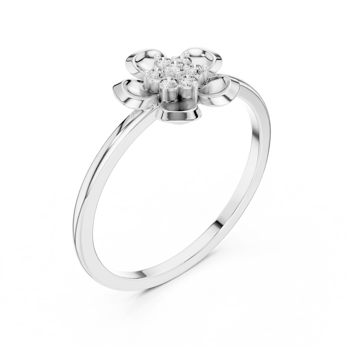 Domed Five Petal Flower Cluster Moissanite Ring in white 925 sterling silver, view 2