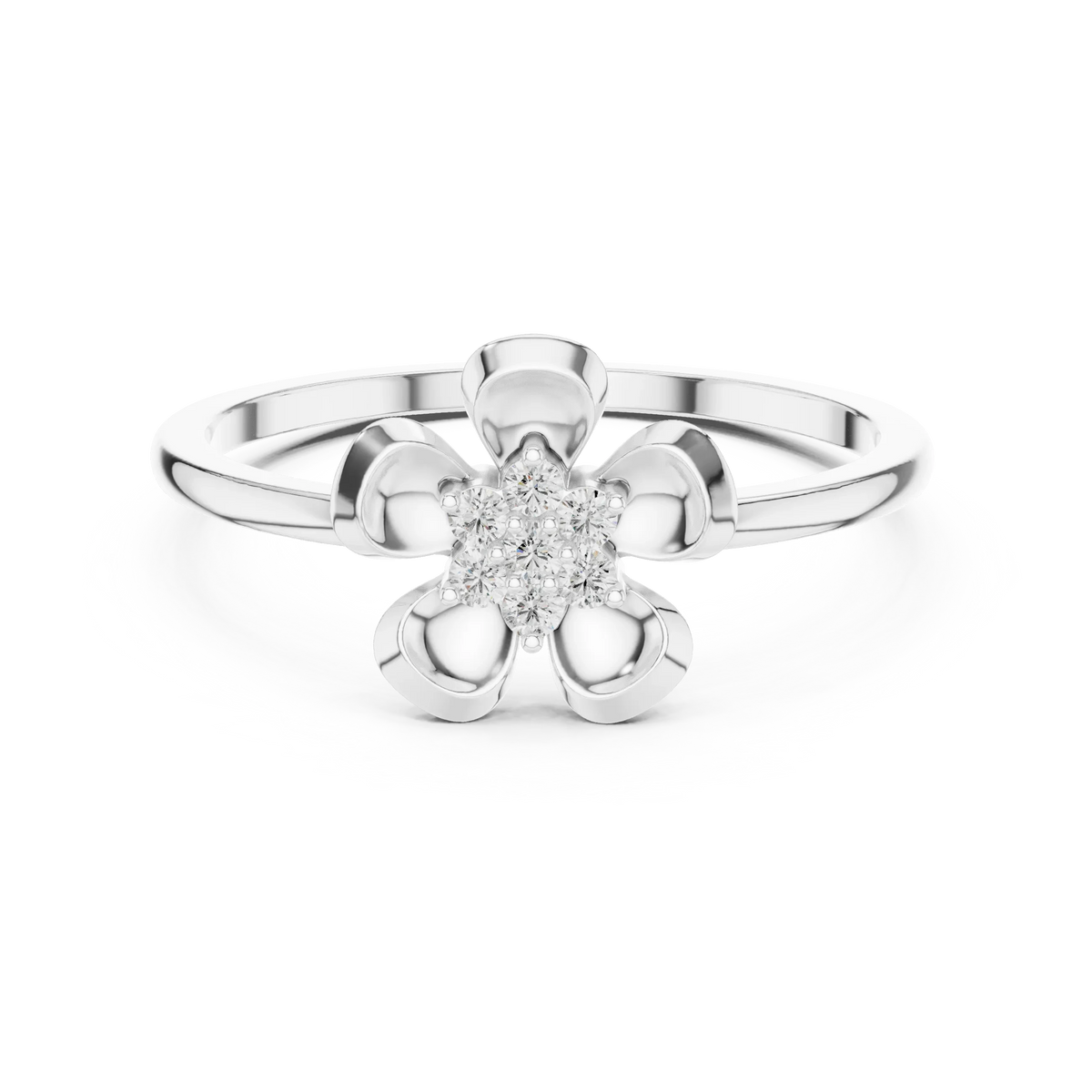 Domed Five Petal Flower Cluster Moissanite Ring in white 925 sterling silver, view 4