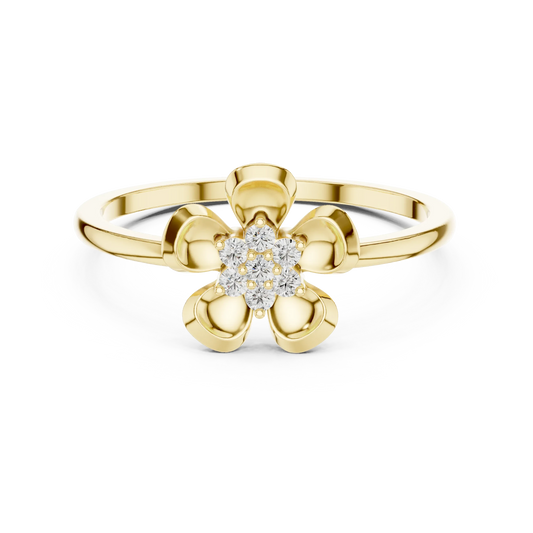 Domed Five Petal Flower Cluster Moissanite Ring in yellow 925 sterling silver, view 4